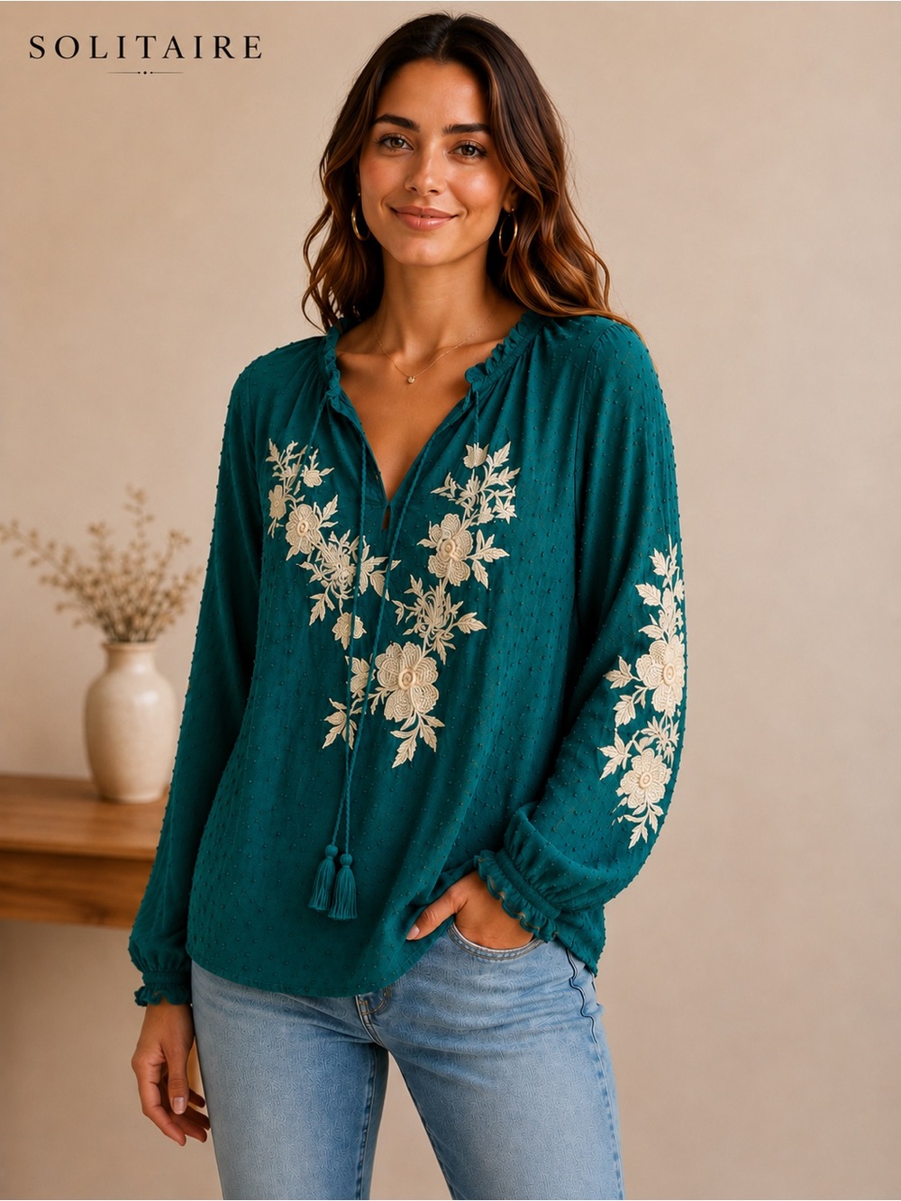 Solitaire Embroidered Boho Peasant Blouse Women’s Small Teal 100% Viscose